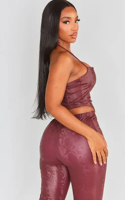 Shape Maroon Matte Faux Leather Snake Halterneck Top