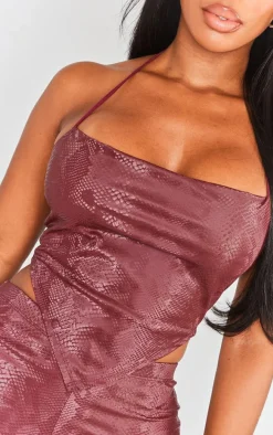 Shape Maroon Matte Faux Leather Snake Halterneck Top