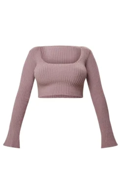 Shape Mauve Knit Ribbed Long Sleeve Scoop Crop Top