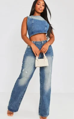 Shape Mid Blue Acid Wash Washed Denim Wide Leg Jeans