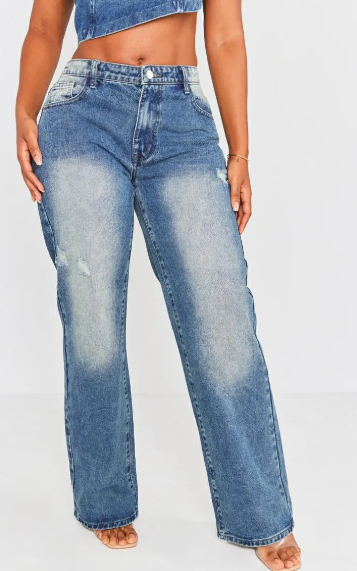 Shape Mid Blue Acid Wash Washed Denim Wide Leg Jeans
