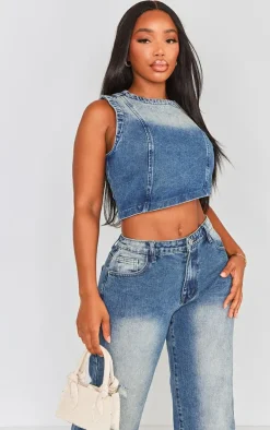 Shape Mid Blue Acid Wash Denim Washed Asymmetric Crop Top