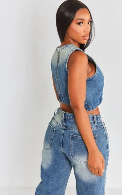 Shape Mid Blue Acid Wash Denim Washed Asymmetric Crop Top