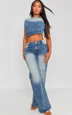 Shape Mid Blue Acid Wash Denim Washed Asymmetric Crop Top