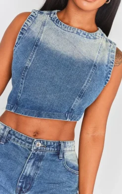 Shape Mid Blue Acid Wash Denim Washed Asymmetric Crop Top