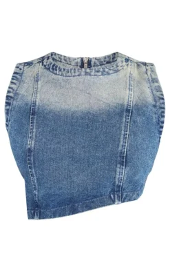 Shape Mid Blue Acid Wash Denim Washed Asymmetric Crop Top