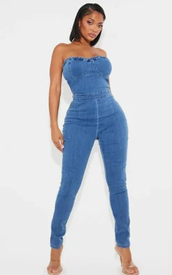 Shape Mid Blue Wash Cup Detail Tie Back Denim Jumpsuit