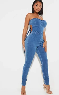 Shape Mid Blue Wash Cup Detail Tie Back Denim Jumpsuit