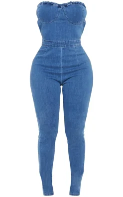 Shape Mid Blue Wash Cup Detail Tie Back Denim Jumpsuit