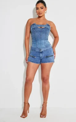 Shape Mid Blue Wash Denim Belt Detail Hot Pants