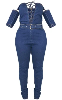 Shape Mid Blue Wash Lace Up Bardot Stretch Denim Jumpsuit
