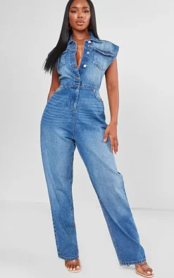 Shape Mid Blue Wash Sleeveless Rigid Denim Jumpsuit