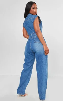 Shape Mid Blue Wash Sleeveless Rigid Denim Jumpsuit