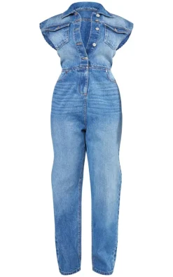 Shape Mid Blue Wash Sleeveless Rigid Denim Jumpsuit