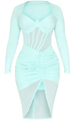Shape Mint Green Corset Detail Long Sleeve Ruched Midi Dress