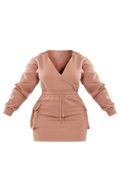 Shape Mocha Plunge Wrap Utility Pocket Sweatshirt Dress