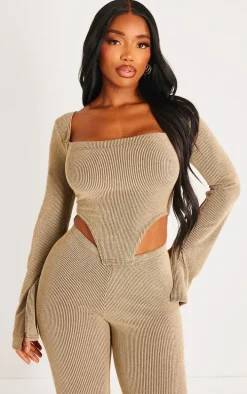 Shape Mocha Ribbed Bardot Flare Split Sleeve Crop Top
