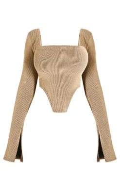 Shape Mocha Ribbed Bardot Flare Split Sleeve Crop Top