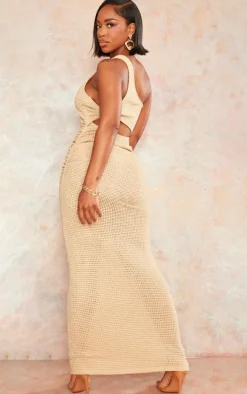 Shape Mocha Sheer Textured One Shoulder Cut Out Waist Maxi Dress