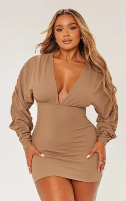 Shape Mocha Soft Rib Plunge Ruched Sleeve Bodycon Dress