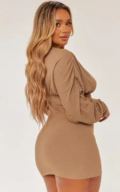 Shape Mocha Soft Rib Plunge Ruched Sleeve Bodycon Dress