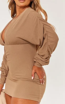 Shape Mocha Soft Rib Plunge Ruched Sleeve Bodycon Dress