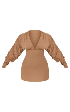Shape Mocha Soft Rib Plunge Ruched Sleeve Bodycon Dress