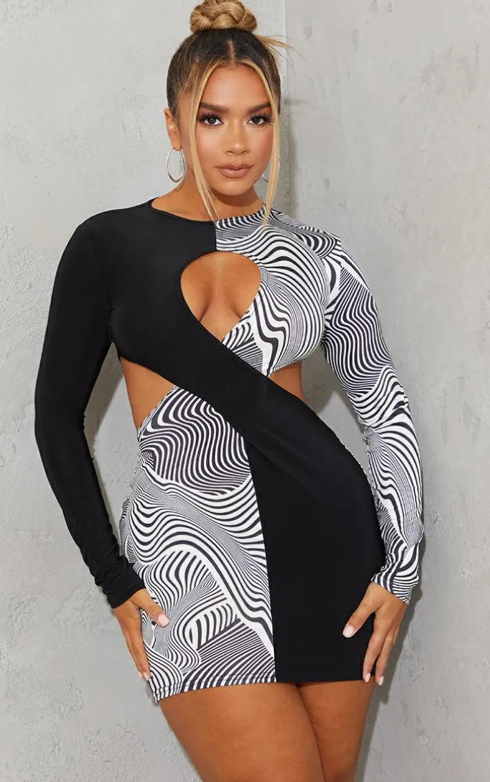 Shape Monochrome Swirl Print Wrap Detail Panel Bodycon Dress