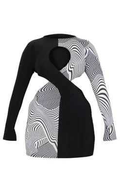 Shape Monochrome Swirl Print Wrap Detail Panel Bodycon Dress