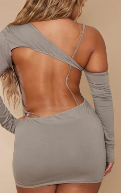 Shape Moss Sand Asymmetric Low Back Strap Detail Mini Dress