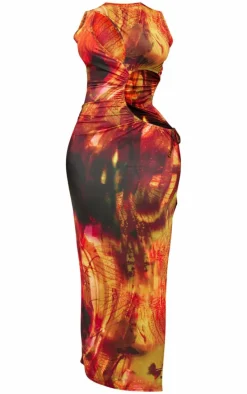 Shape Multi Abstract Printed Slinky Cut Out Split Maxi Dress