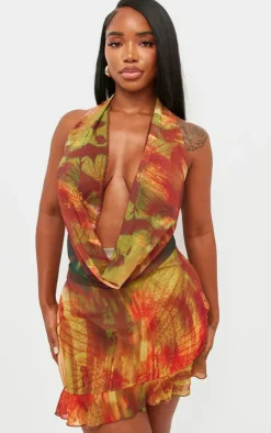 Shape Multi Abstract Printed Cowl Neck Frill Detail Bodycon Dress