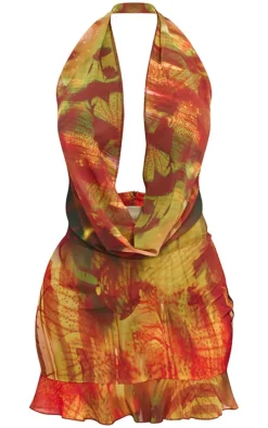 Shape Multi Abstract Printed Cowl Neck Frill Detail Bodycon Dress