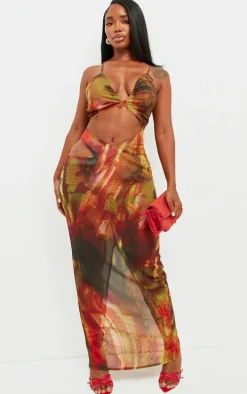 Shape Multi Abstract Print Chiffon Strappy Cut Out Maxi Dress
