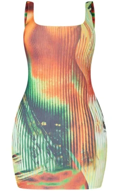 Shape Multi Body Print Rib Low Back Bodycon Dress