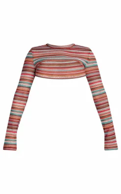 Shape Multi Contrast Textured Long Sleeve Extreme Crop Top