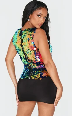 Shape Multi Neon Iridescent Sequin Longline Top