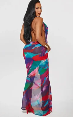 Shape Multi Printed Chiffon Drape Cowl Maxi Dress