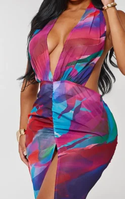 Shape Multi Printed Chiffon Drape Cowl Maxi Dress