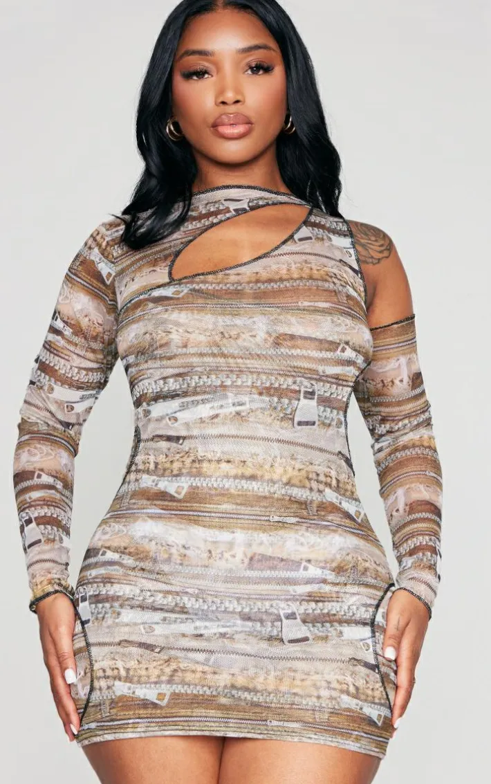 Shape Multi Printed Mesh Asymmetric Multi Cut Out Long Sleeved Dress