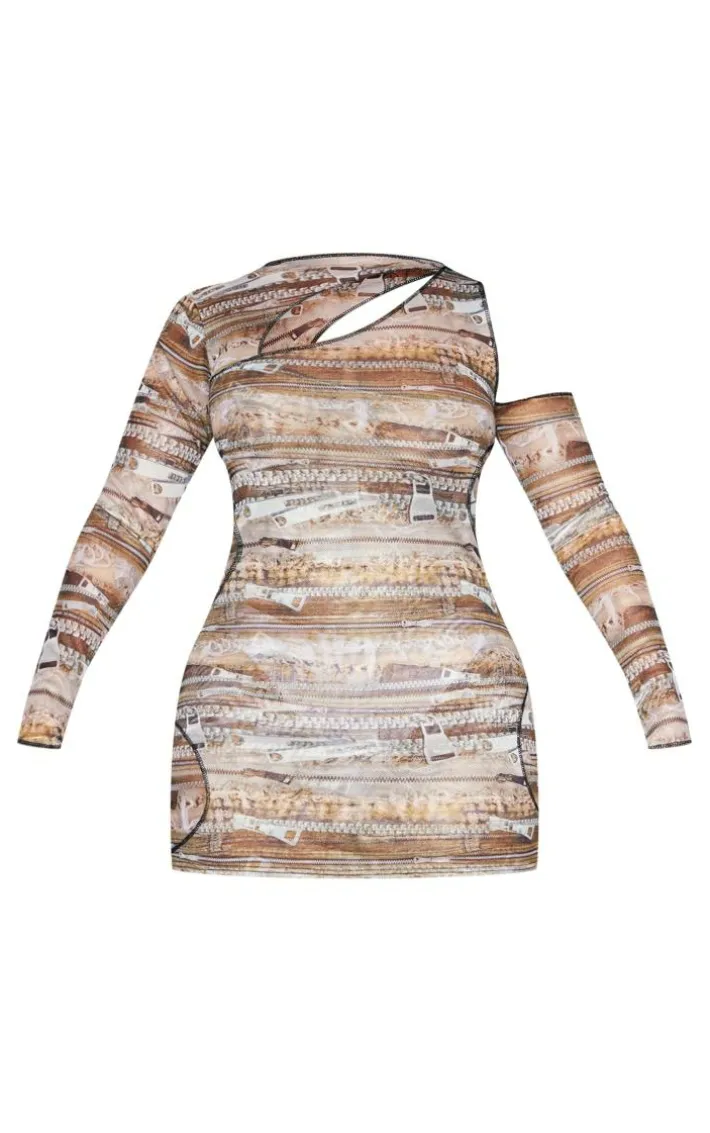 Shape Multi Printed Mesh Asymmetric Multi Cut Out Long Sleeved Dress