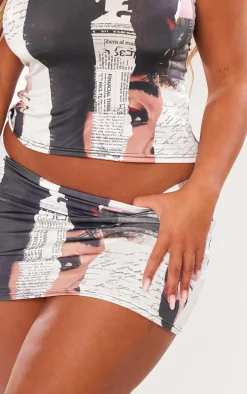 Shape Multi Slinky Newspaper Print Micro Mini Skirt