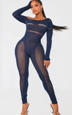 Shape Navy Bardot Knitted Hole Detailed Jumpsuit