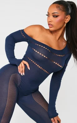 Shape Navy Bardot Knitted Hole Detailed Jumpsuit