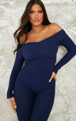 Shape Navy Bardot Knitted Top