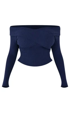 Shape Navy Bardot Knitted Top