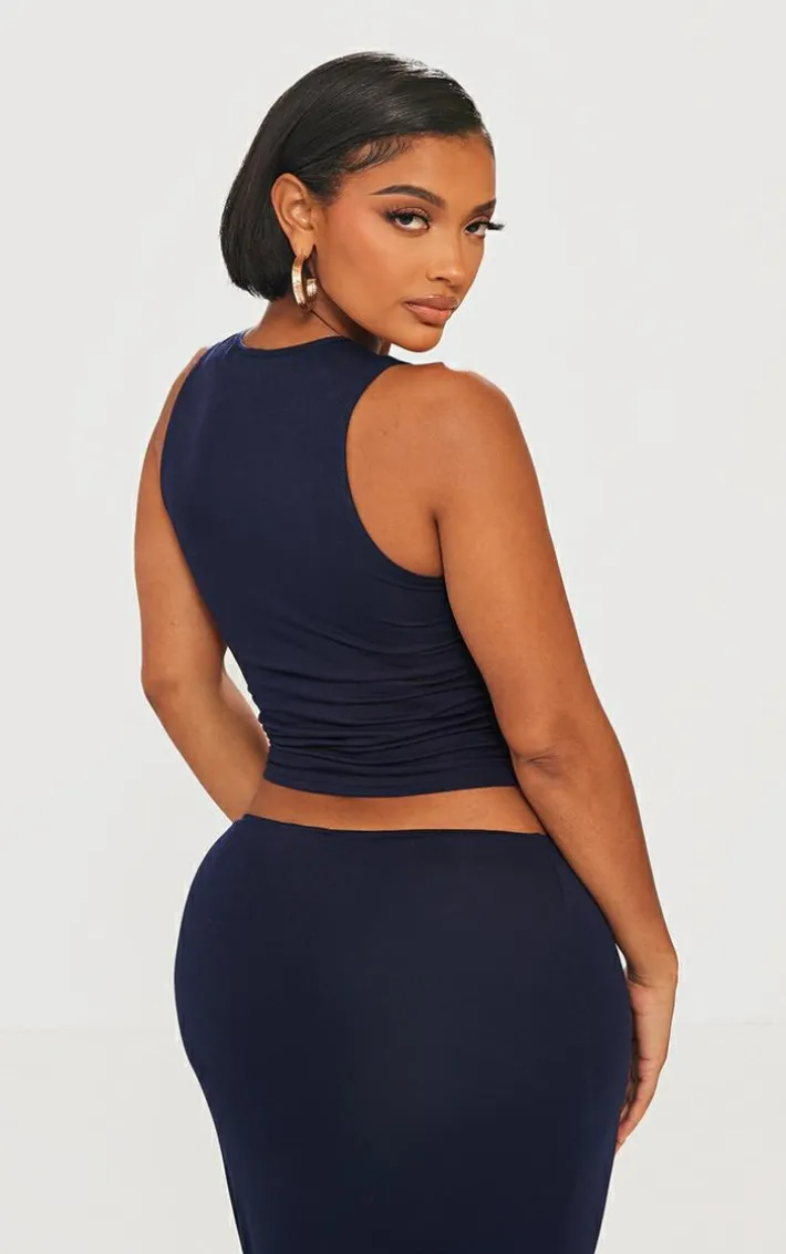 Shape Navy Jersey Ruched Side Sleeveless Crop Top