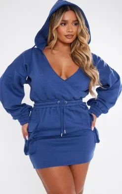 Shape Navy Plunge Wrap Utility Pocket Sweatshirt Dress