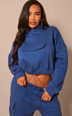 Shape Navy Toggle Waist Pocket Front Cropped Hoodie