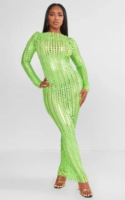 Shape Neon Green Textured Detail Long Sleeve Maxi Dress